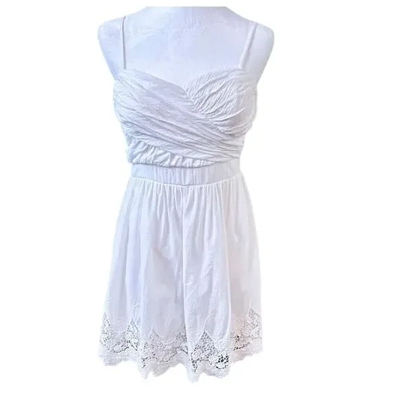 Coastal Cowgirl White Ruched Ruffles with eyelet Dress Small Cottage Coquette - Picture 2 of 9